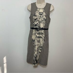 TRACY REESE Striped chinois toile Print Belted Dress Size 6 Stretch black beige